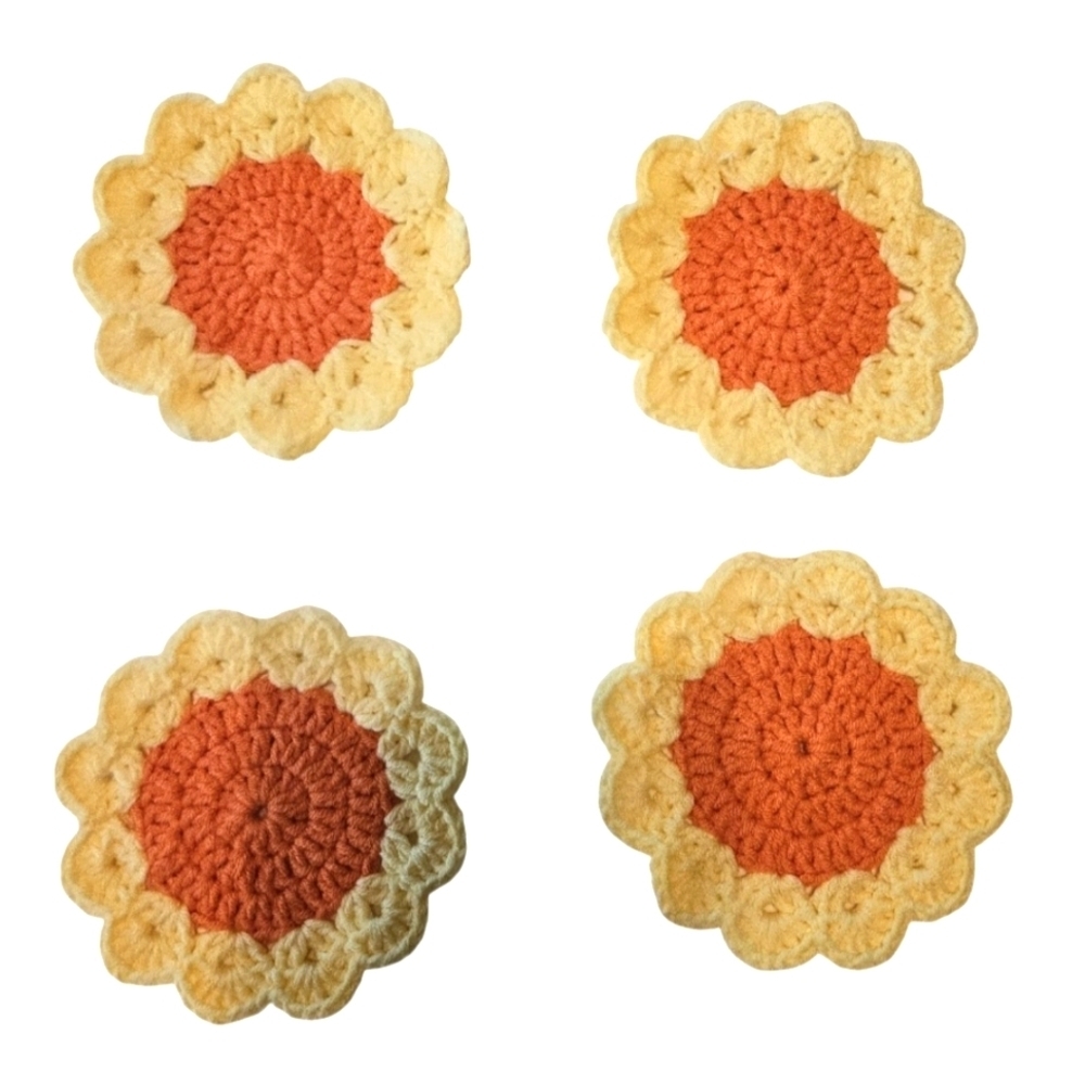 Hand Crafted Crochet Coasters Set of 4pcs Orange yellow flower handmade cup mats